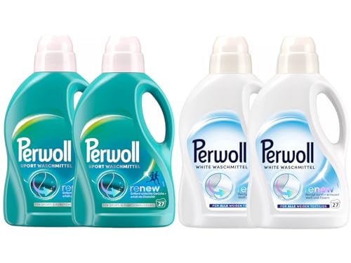PERWOLL Flüssig-Set 4x 27 Waschladungen (108WL) 2x Sport & 2x White, Hygiene Waschmittel reinigt sanft, entfernt schlechte Gerüche & Feinwaschmittel erneuert Weiß und Fasern