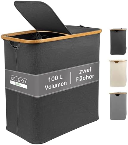 Wäschekorb 2 Fächer mit 2 Deckel 100 Liter Bambus-Stoff Grau Groß - Wäschesortierer Wäschetonne mit Deckel Wäschekörbe Wäschekorbsammler Dunkelgrau Anthrazit Schwarz Laundry Hamper | Celeko Home