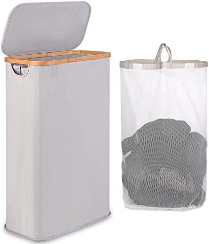 iEGrow Wäschekorb 60l, Wäschesammler Schmal mit Herausnehmbarer und Waschbarer Innentasche, Laundry Baskets mit Griffen für Kleidung, Spielzeug, Handtücher (hellgrau)