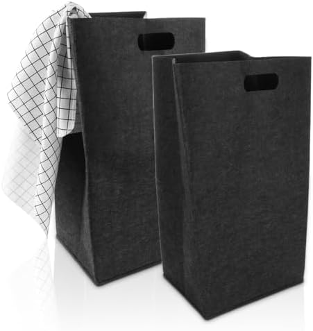 2 Stück Wäschekorb 60L Filz Schmaler Wäschekorb Wäschesammler Schmal Wäschekorb Filz Groß Waschbehälter Dunkelgrau Faltbar Aufbewahrungskorb Wäschekorb für Schlafzimmer, Badezimmer