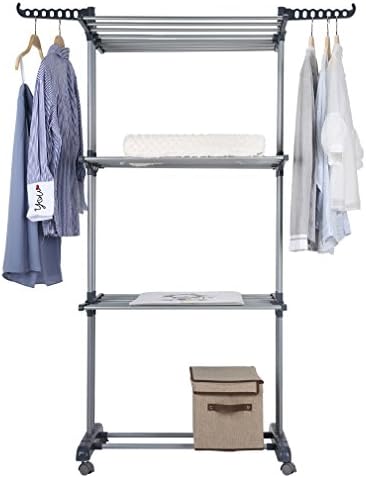 Johgee Turmwäschetrockner mit 4 Rollen,Ausziehbar Wäscheständer Wäschetrockner mit Faltbaren Flügeln, Platzsparend Trockenständer 172CM hoch Kleiderständer für Große Familien (3 Ebenen)