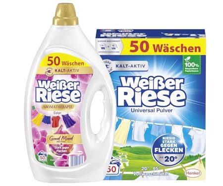 WEISSER RIESE-Set Gel 1x 50 Waschladungen Aromatherapie Color Orchidee, mit Good Mood-Duft & Pulver 1x 50 Waschladungen Universal, Vollwaschmittel wirkt riesig stark gegen Flecken