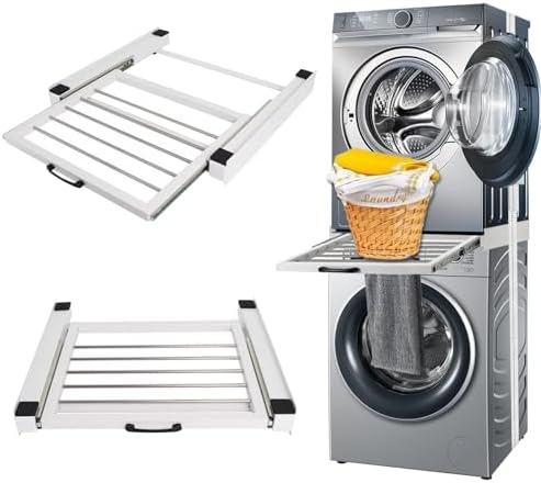 Zwischenbaurahmen für Waschmaschine und Trockner, Verbindungsrahmen mit Auszug als Ablage und Ratschenseil, Waschmaschinen Trockner Aufsatz Zwischenbausatz, 60cm