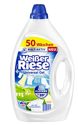 Weißer Riese Universal Gel (50 Waschladungen), Vollwaschmittel sorgt für strahlend saubere Wäsche & wirkt riesig stark gegen Flecken, Kalt-Aktiv schon ab 20° C, 100% recycelbar
