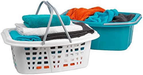 Beldray LA030450TQ Wäschekörbe aus Kunststoff - Platzsparender Aufbewahrungsbehälter/Organizer mit Griffen fur Wäsche/Badzimmer, Weiß/Türkis 2er-Set, Tragbare Ovale Wäschewanne, 57 x 40 x 23cm, 26L