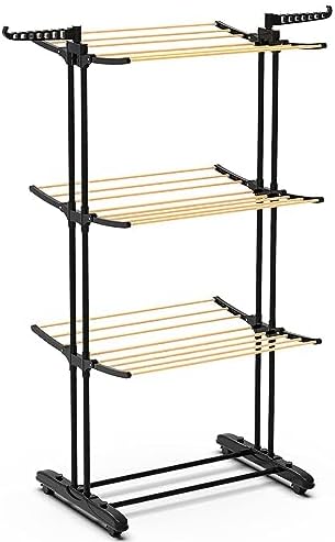 VOUNOT Wäscheständer Turm für Innen, Platzsparender Turmwäscheständer mit Faltbaren Flügeln und Rollen, 3 Ebenen, 20m Trockenlänge, Holz imitiert