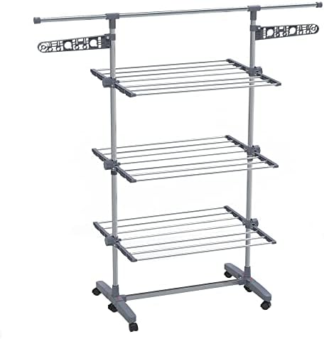 VOUNOT Wäscheständer Turm für Innen, Platzsparender Turmwäscheständer mit Faltbaren Flügeln, Teleskopstange und 6 Rollen, 22m Trockenlänge, 3 Ebenen