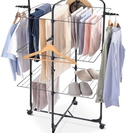 SYKIARIOL Wäscheständer, 3-stufiger zusammenklappbarer Wäscheständer mit Rädern und 4 Haken, für den Innen- und Außenbereich, für Bettwäsche, Kleidung, Socken, Schals Schwarz
