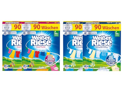 WEISSER RIESE Pulver-Set 4x 90 Waschladungen (360WL) 2x Color & 2x Universal, Color- & Vollwaschmittel wirkt riesig stark gegen Flecken, Kalt-Aktiv schon ab 20° C, ergiebiges Waschpulver