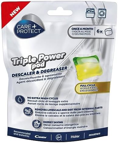 CARE + PROTECT Triple Power Pod Entkalker & Entfetter für Waschmaschine/Geschirrspüler, Hygienisierer, Reiniger, energiesparende Lösung, 1 Packung mit 6 Pods, 6 Monate Schutz