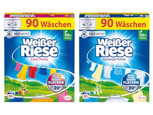 WEISSER RIESE Pulver-Set 2x 90 Waschladungen (180WL) 1x Color & 1x Universal, Color- & Vollwaschmittel wirkt riesig stark gegen Flecken, Kalt-Aktiv schon ab 20° C, ergiebiges Waschpulver
