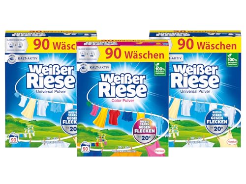 WEISSER RIESE Pulver-Set 3x 90 Waschladungen (270WL) 1x Color & 2x Universal, Color- & Vollwaschmittel wirkt riesig stark gegen Flecken, Kalt-Aktiv schon ab 20° C, ergiebiges Waschpulver