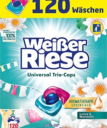 Weißer Riese Universal Trio-Caps Aromatherapie Essentials, Waschmittel mit Lotus und Mandelöl, Vollwaschmittel mit ätherischen Ölen und intensivem Frische-Effekt, 120 Stück (1er Pack)