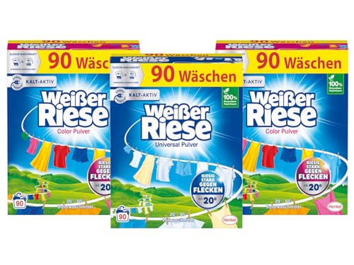 WEISSER RIESE Pulver-Set 3x 90 Waschladungen (270WL) 2x Color & 1x Universal, Color- & Vollwaschmittel wirkt riesig stark gegen Flecken, Kalt-Aktiv schon ab 20° C, ergiebiges Waschpulver