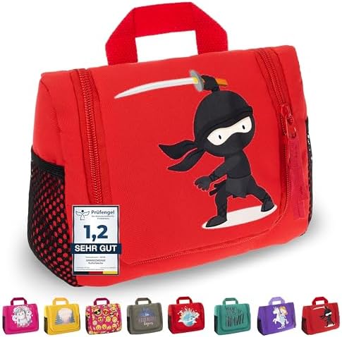 GRINSEZWERGE Kinder Kulturtasche | Reise Kulturbeutel zum Aufhängen | Kosmetiktasche Waschbeutel Waschtasche Reisetasche Schminktasche Kosmetik Beutel Reisezubehör