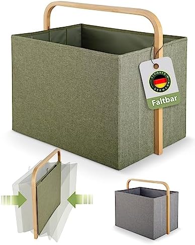 AMBIAVO® Faltbarer Wäschekorb 40L - Edles Design, Grün – Robust & Platzsparend mit Bambusgriff - Einfacher Faltmechanismus - Wäschekorb Faltbar, Wäschekorb Bambus, Klappbarer Wäschekorb