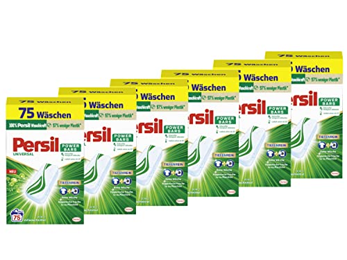 Persil Power Bars Universal Waschmittel 450 WL (6 x 75 Waschladungen), vordosiertes Vollwaschmittel mit biologisch abbaubarem Schutzfilm, für reine Wäsche & hygienische Frische für die Maschine