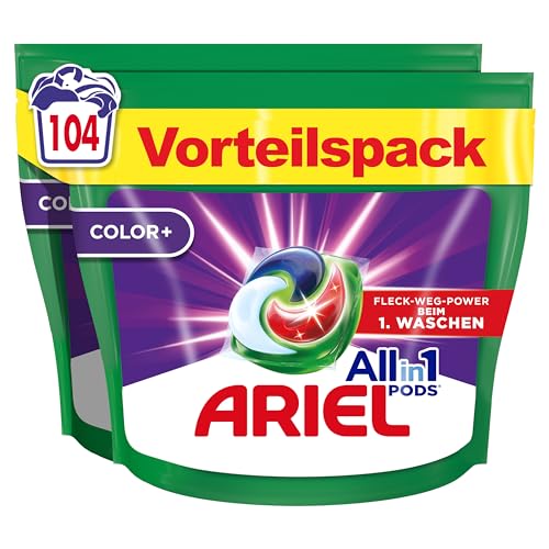 Ariel Waschmittel Pods All-in-1, Color+ Flüssigwaschmittel, 104 (2x52) Waschladungen, Kraftvolle Fleckenentfernung In Nur 1 Waschgang