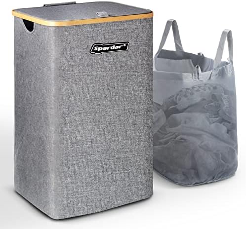 Spardar Wäschekorb mit Deckel, 100L Faltbarer Wäschekorb mit Wäschesack XXL Wäschesammler Wäschebox für Schmutzwäsche Waschenkorbe Laundry Baskets, Groß Wäschekörbe Doppelhenkel Wäschetonne (Grau)