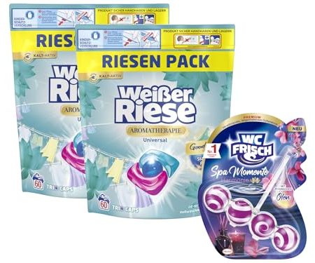 Weißer Riese Universal Trio-Caps A-Th. Lotus & Mandelöl (1x 120 WL), Vollwaschmittel mit intensivem Dufterlebnis & WC FRISCH Spa Momente Harmonie (1x 50g), langanhaltendes Dufterlebnis