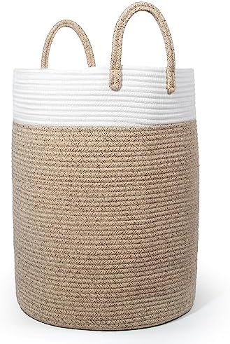 SYLANDO Wäschekorb mit Henkel, Spielzeug Aufbewahrung, Aufbewahrungsbox Geflochten, Wäschesammler Groß, Aufbewahrungskorb Kinderzimmer (Braun&Weiß, D 38 x H 50 CM)