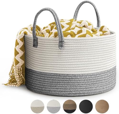 Rieeyrslza Wäschekorb für Decken 32L Geflochten Wäschesammler Baumwolle Seil Korb Faltbare Vielseitiger Aufbewahrungskorb mit Henkel Geeignet für Wohnzimmer und Schlafzimmer(Mischweberei Schwarz)