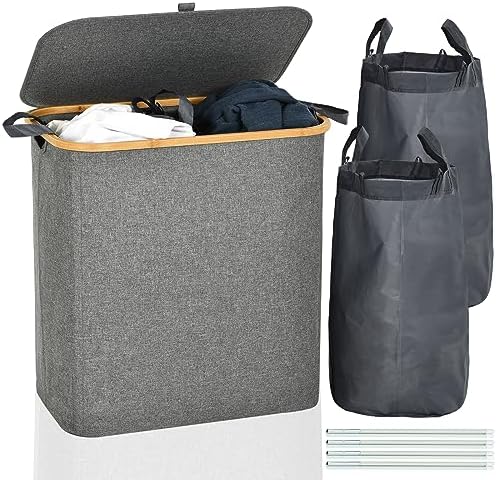ROSOS Wäschekorb mit Deckel, 145L Faltbarer Wäschekorb 2 Fächer mit Herausnehmbaren Wäschesack, Wäschesammler mit Deckel & Bambus Griff, Wasserdichter Wäschebox mit Deckel, Grau
