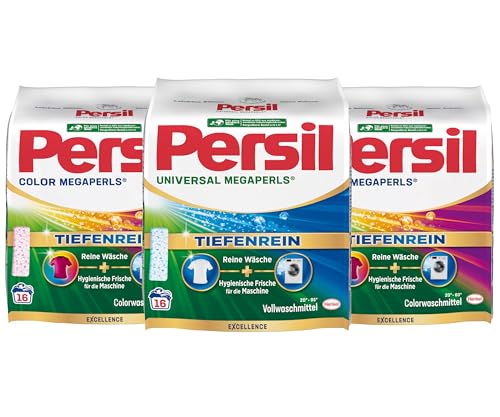 Persil Set 1x Universal & 2x Color Megaperls 48 Waschladungen (3x 16WL) Vollwaschmittel & Color Waschmittel Tiefenrein für reine Wäsche & hygienische Frische für die Maschine 20 °C bis 95 °C