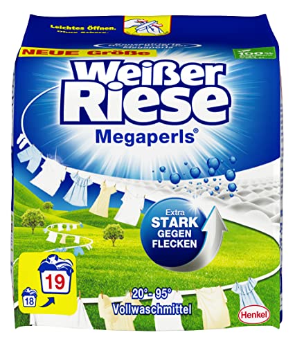 Weißer Riese Universal Megaperls Vollwaschmittel (19 Waschladungen), Waschmittel für weiße Wäsche wirkt extra stark gegen Flecken bei 20–95 °C, 100% recycelbares Plastik