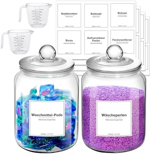 Waschmittel Pods Aufbewahrung Glas, 2L Waschpulver Glasbehälter Vorratsdosen mit Deckel Luftdicht und 32 Aufkleber, 2 Löffel und Schaufeln, Mehl behälter, für Reis, Nudeln, Schokolade