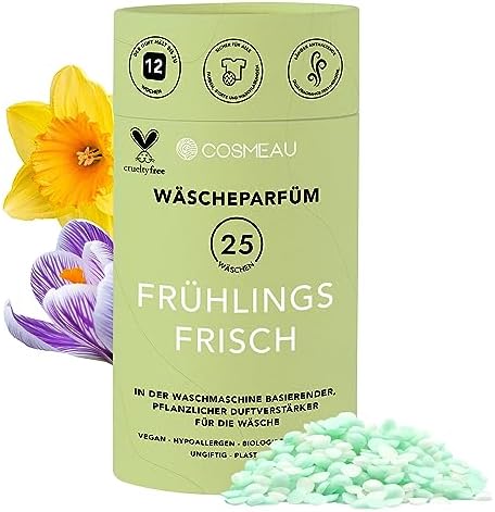 Cosmeau Wäscheparfüm Perlen Frühlingsfrisch - Nachhaltige Duftperlen für Waschmaschine - Bis zu 25 Waschladungen und 12 Wochen Frische - Plästik Frei, Vegan & Zero Waste