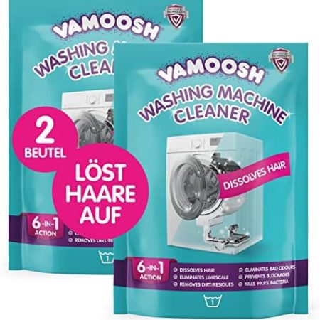 Vamoosh 6-in-1 Waschmaschinenreiniger, löst Haare, beseitigt schlechte Gerüche, entfernt Kalk, Tiefenreinigung, hinterlässt frische Riechen, antibakteriell, entkalkt, 2 Beutel, 2 Wäschen