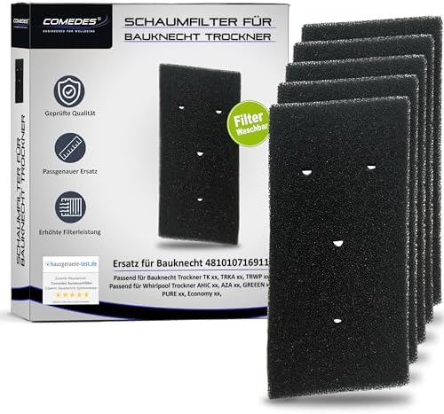 Comedes Filter für Bauknecht Trockner 481010716911, HX Schaumfilter Flusenfilter, auch für Geräte von Whirlpool & Privileg (5 Stück)
