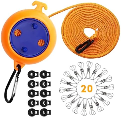 Wäscheleine Ausziehbar, 10m Camping Wäscheleine Tragbare Reise Urlaub Outdoor wäscheschnur Wäscheständer für Badezimmer, Waschküche, Garten oder Reise mit 10 festen Schnallen und 20 Wäscheklammern