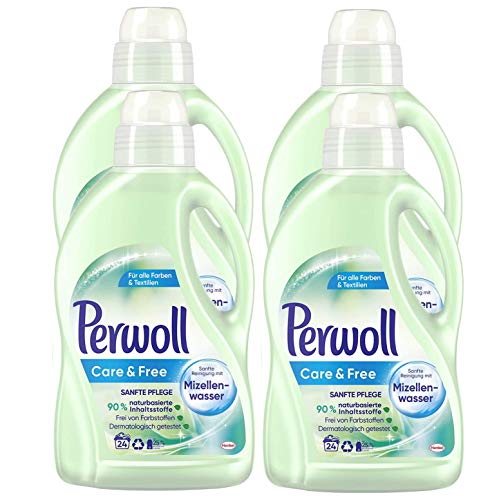 Perwoll Care und Free, Feinwaschmittel, 96 (4 x 24) Waschladungen, mit Mizellenwasser für empfindliche Haut und Allergiker geeignet