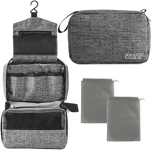 FENYW Kulturtasche zum Aufhängen klein, Waschtasche Herren Damen, Kulturbeutel zum Hängen, 2 Tasche mit Kordelzug, Toiletry Bag Set für Makeup, Toilettenartikel -Grau