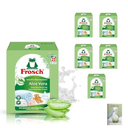 Frosch Aloe Vera Waschpulver Color 22WL, 1,45kg, 5er Pack (5 x 22 Waschladungen) und Celexqua Reinigungsratgeber