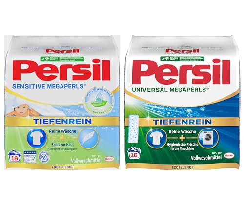 Persil Set Universal & Sensitive Megaperls Tiefenrein 32 Waschladungen (2x 16WL), Vollwaschmittel & Waschmittel für Allergiker & für sensible Haut, 20 °C bis 95 °C, ECARF-zertifiziert