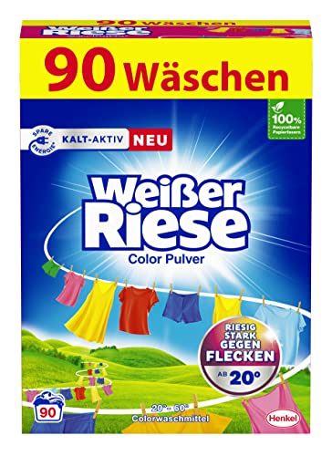 Weißer Riese Color Pulver (90 Waschladungen), Color Waschmittel riesig stark gegen Flecken, Kalt-Aktiv schon ab 20° C, ergiebiges Waschpulver, ideal für Familien mit Kindern