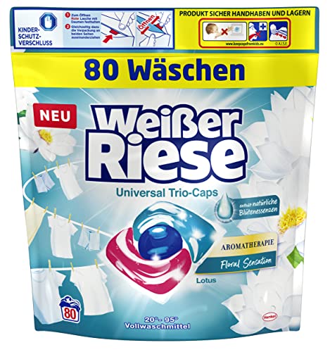 Weißer Riese Universal Trio-Caps Aromatherapie Lotus (80 Waschladungen), Waschmittel mit Good Mood-Duft für unwiderstehlich duftende & strahlend saubere Wäsche, 100% recycelbar