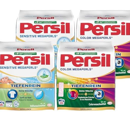 Persil Set 2x Color & 2x Sensitive Megaperls Tiefenrein 64 Waschladungen (4x 16WL), Colorwaschmittel & Waschmittel für Allergiker & für sensible Haut, 20 °C bis 95 °C, ECARF-zertifiziert
