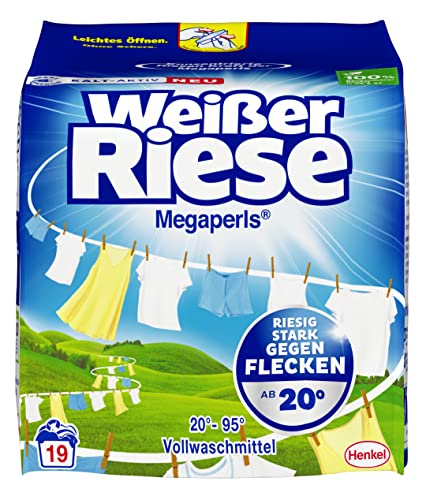 Weißer Riese Universal Megaperls Vollwaschmittel (19 Waschladungen), Waschmittel für weiße Wäsche, wirkt extra stark gegen Flecken bei 20–95 °C, 100 % recycelbares Plastik