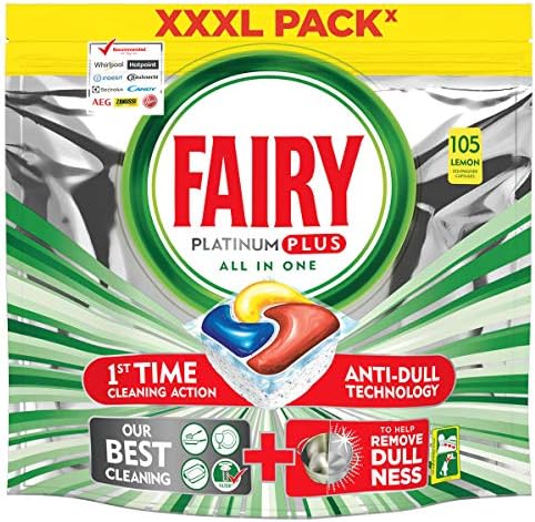 Fairy Platinum PLUS - Spülmaschinentabs All-In-One Tasche mit 105 Kapseln Zitrone, Lemon Geschirrspültabs, Geschirrspülmittel Tabs in Sparpack