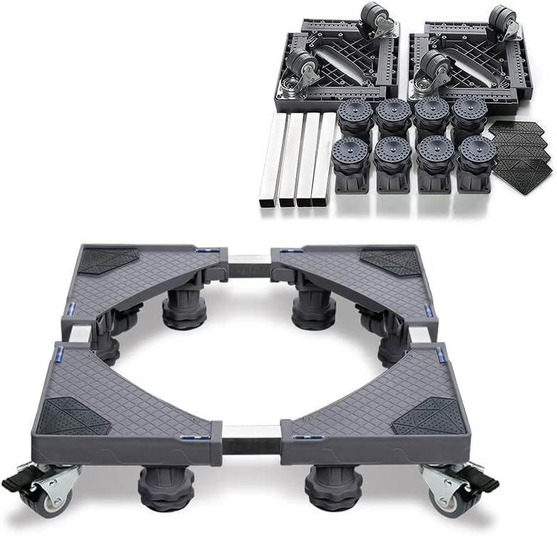 YUENFONG Waschmaschinen Untergestell Sockel Verstellbare Podeste und Rahmen für Waschmaschinen, Trockner und Kühlschrank, Länge&Breite 45-75 cm, Höhe 10-13 cm Einstellbare, 8Füße + 4Räder, Grau