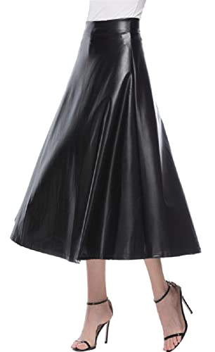 GIBZ Midi Länge Damen High Waist Large Swing Lederrock Figurbetonter Arbeitsrock Schwarz L