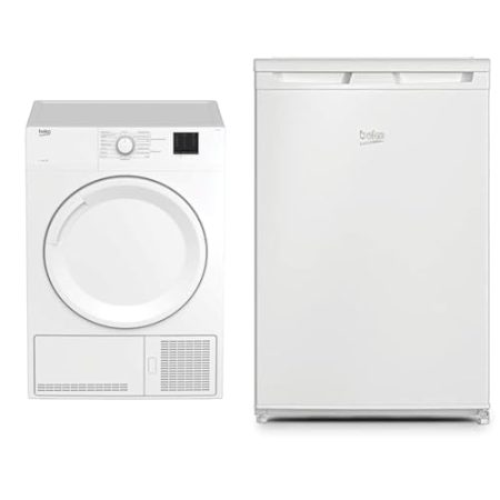Beko DC 7130 N b100 Kondenstrockner & TSE1285N Tischkühlschrank, 4-Sterne-Gefrierfach, 35 dB, 114 l Gesamtrauminhalt, 101 l Kühlen, 13 l Gefrieren, weiß