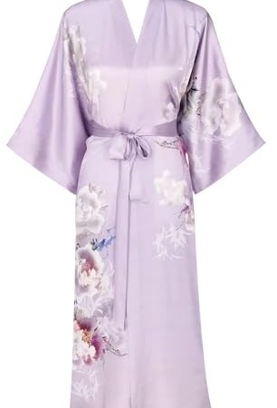 Kwedhonjh Klassischer Damen-Kimono-Bademantel, 100 % Seide, bedruckt, Muster, Anonymous Flower Purple, Einheitsgröße