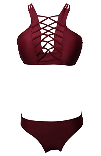 Anyu Damen Zwei Stücke Reine Farbe Bademode Badeanzug Bikini-Sets Swimsuits Wein Rot L