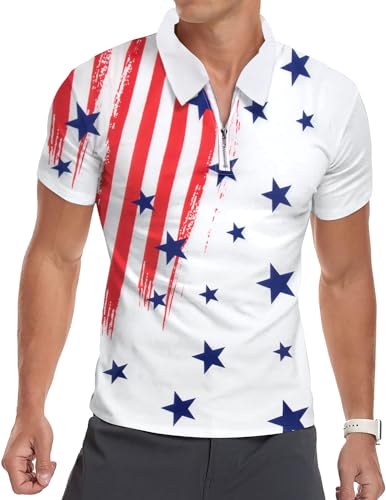Herren-Poloshirt mit amerikanischer Flagge, Patriotisches Shirt, 4. Juli, USA-Flagge, T-Shirt, Unabhängigkeitstag, Patriotische Tees, Oberteil, Golftee, Weiß 1, L