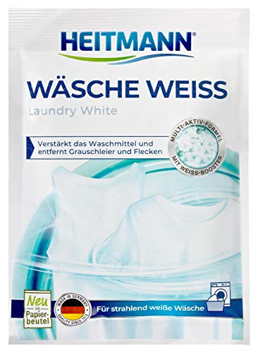 HEITMANN Wäsche Weiss: Waschmittelzusatz für alle Temperaturen, beseitigt Vergilbungen und Grauschleier, wirkt fasertief, mit Aktiv-Sauerstoff und 3fach-Formel für extreme Weisskraft, 50g